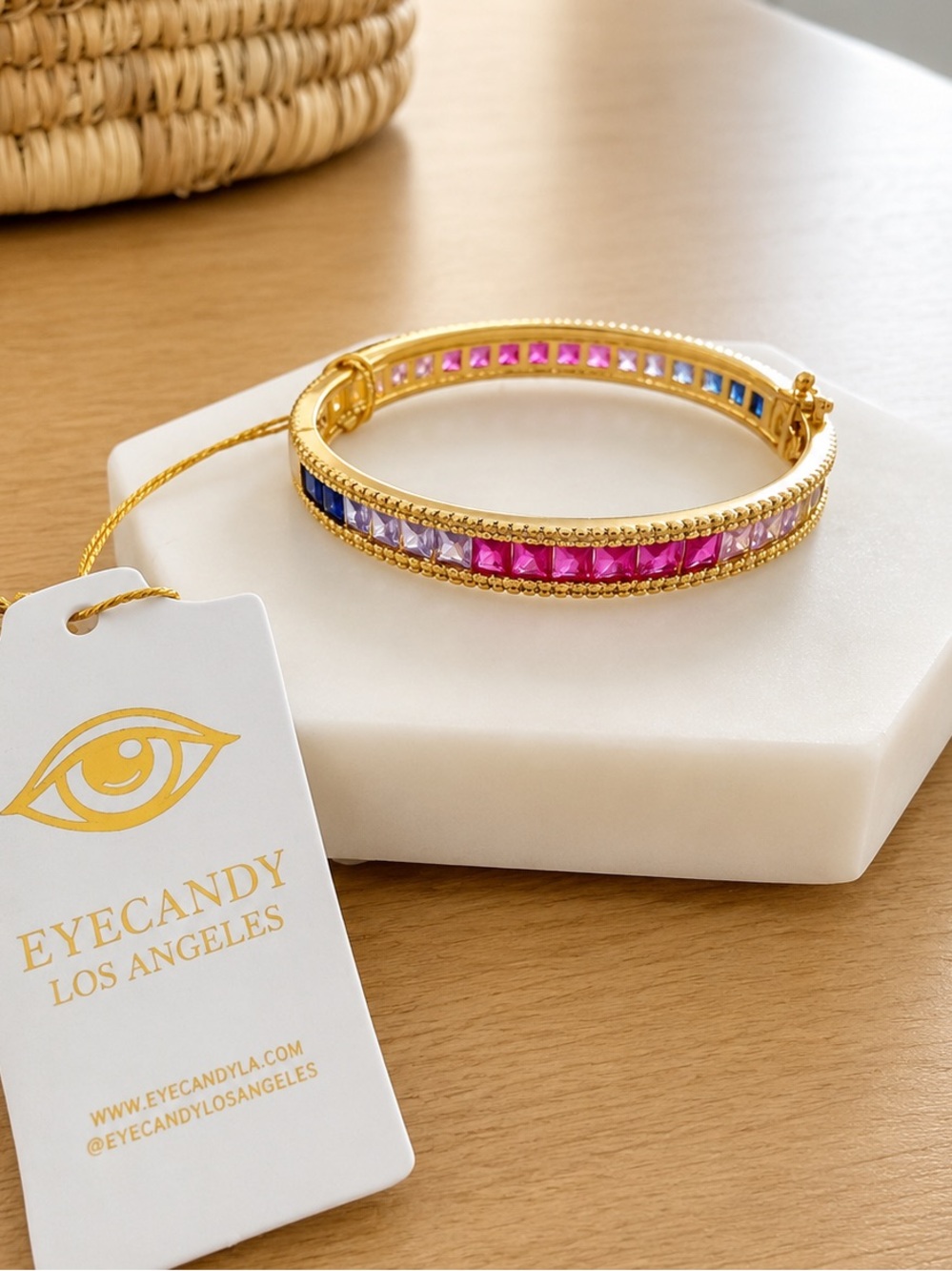 EYECANDY LOS ANGELES Gold Toned Bracelet with Pink, Purple, Yellow & Blue Stones